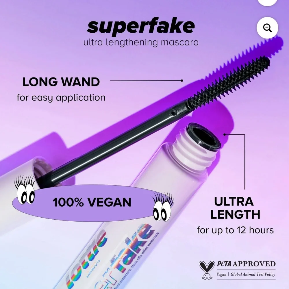 Lottie London Superfake Mascara, Ultra Lengthening Vegan, Longwear Black, 2 pack